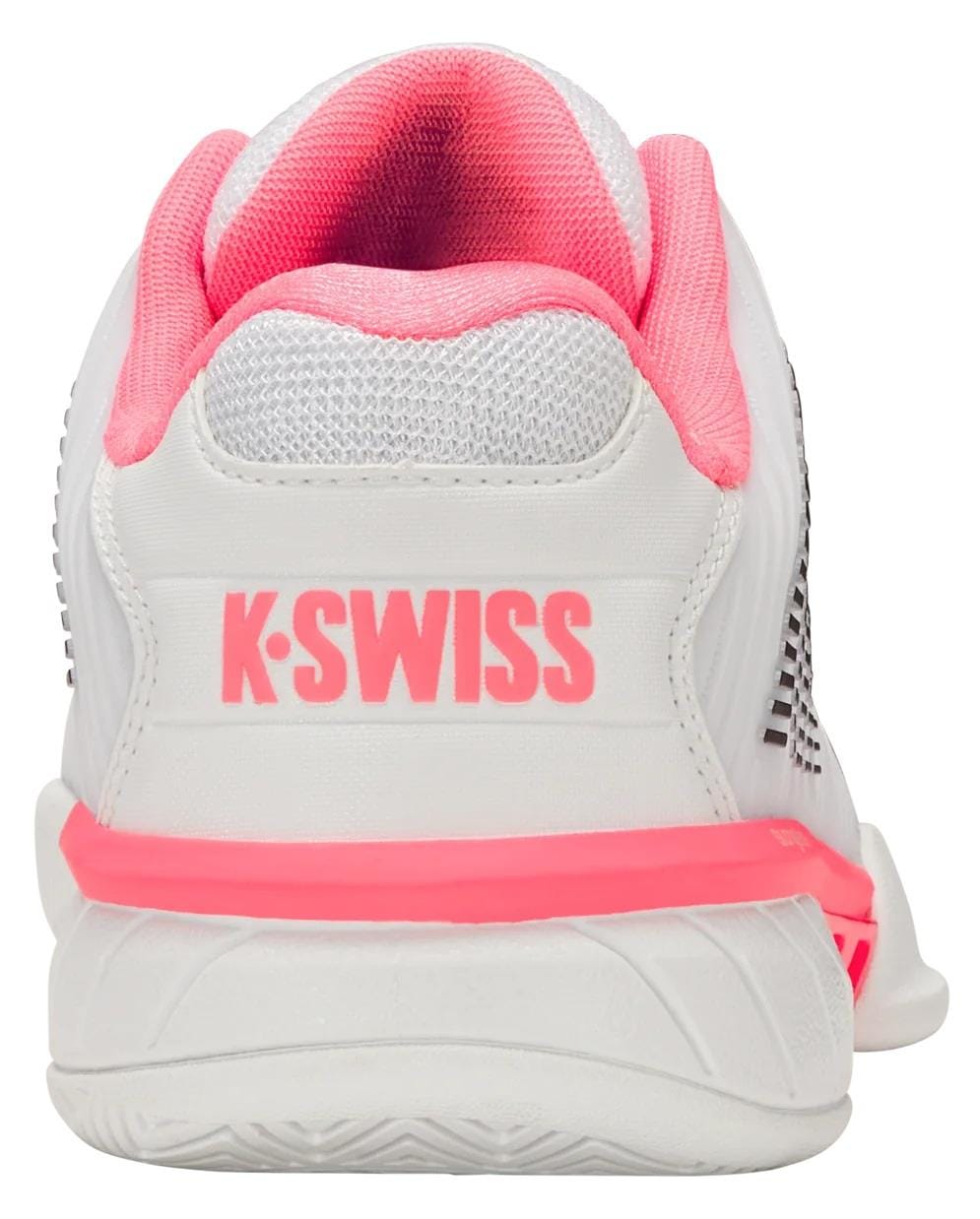 Rear view of the K-Swiss Hypercourt Express 2 Women’s Tennis Shoes in white, pastel pink, and black, featuring mesh for breathability, cushioned comfort, a pink collar and logo, plus a pink stripe above the sole for stylish detail.
