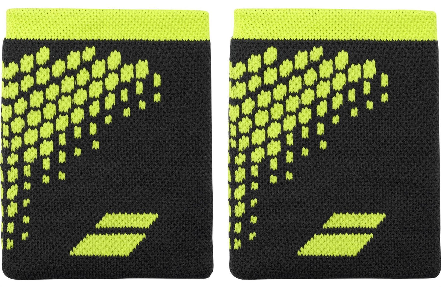 The Babolat Logo Jumbo Wristband - Aero Grey features sweat-absorbing fabric in black with bold yellow geometric patterns and a small yellow Babolat logo on each.