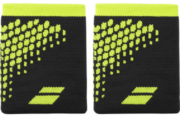The Babolat Logo Jumbo Wristband - Aero Grey features sweat-absorbing fabric in black with bold yellow geometric patterns and a small yellow Babolat logo on each.