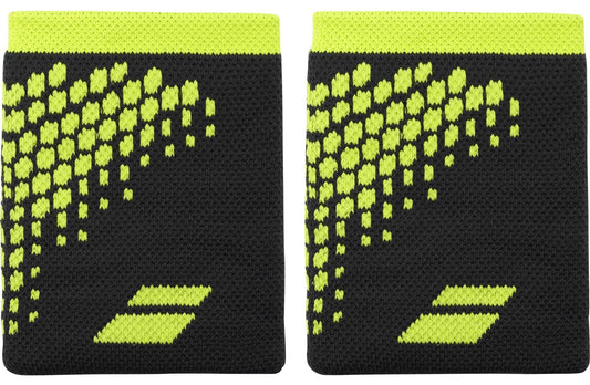 The Babolat Logo Jumbo Wristband - Aero Grey features sweat-absorbing fabric in black with bold yellow geometric patterns and a small yellow Babolat logo on each.