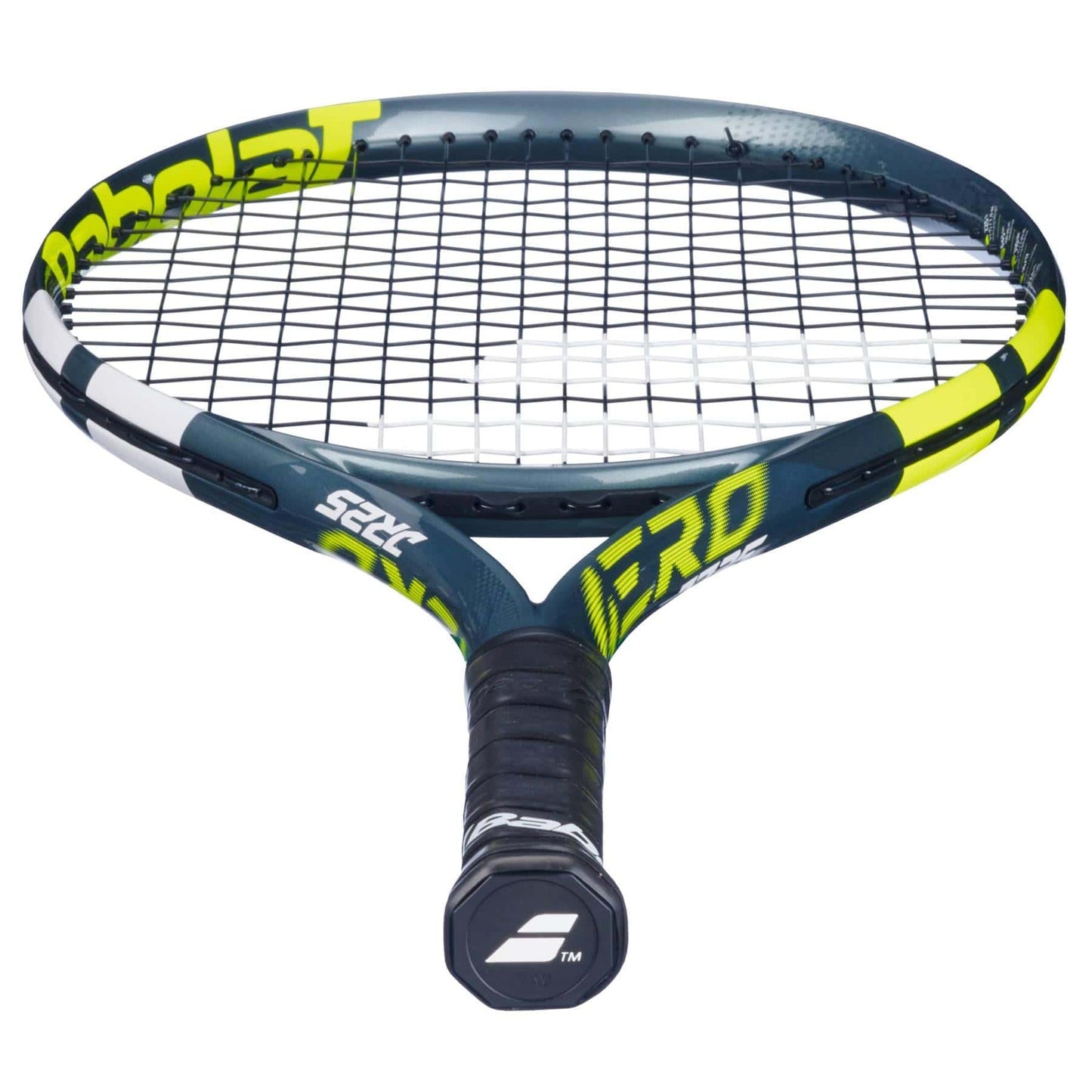 A close-up of the Babolat Aero Junior 25 Tennis Racket 2026 by Babolat shows its black and yellow graphite composite frame, tightly strung strings, and a wrapped black handle with the Babolat logo on the butt cap.