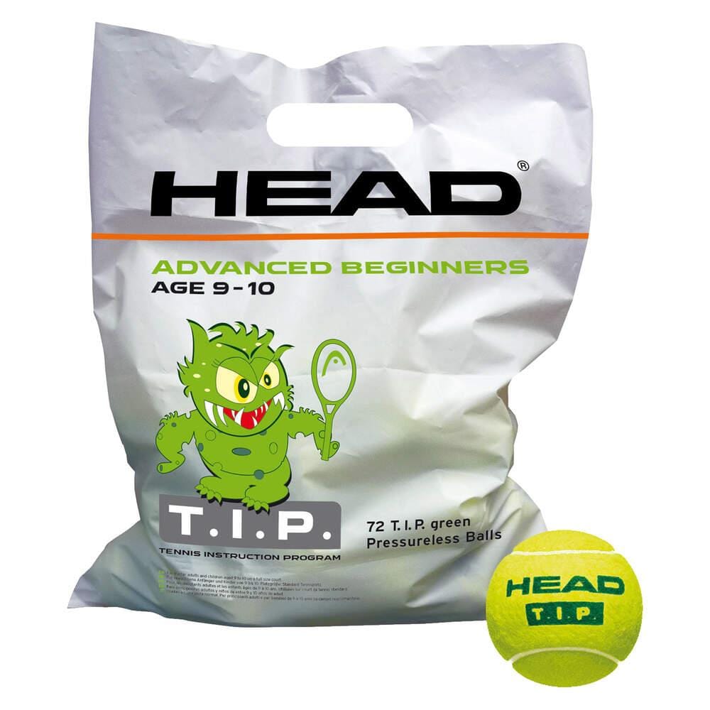 The image features a product from HEAD, specifically the "HEAD TIP Tennis Balls (72 Pack) - Green." Displayed is a white bag labeled for advanced beginners aged 9-10, adorned with a cartoon green monster holding a tennis racket. Also prominently shown is the "T.I.P." logo for the Tennis Instruction Program, highlighting these pressureless tennis balls as ideal for kids' tennis.