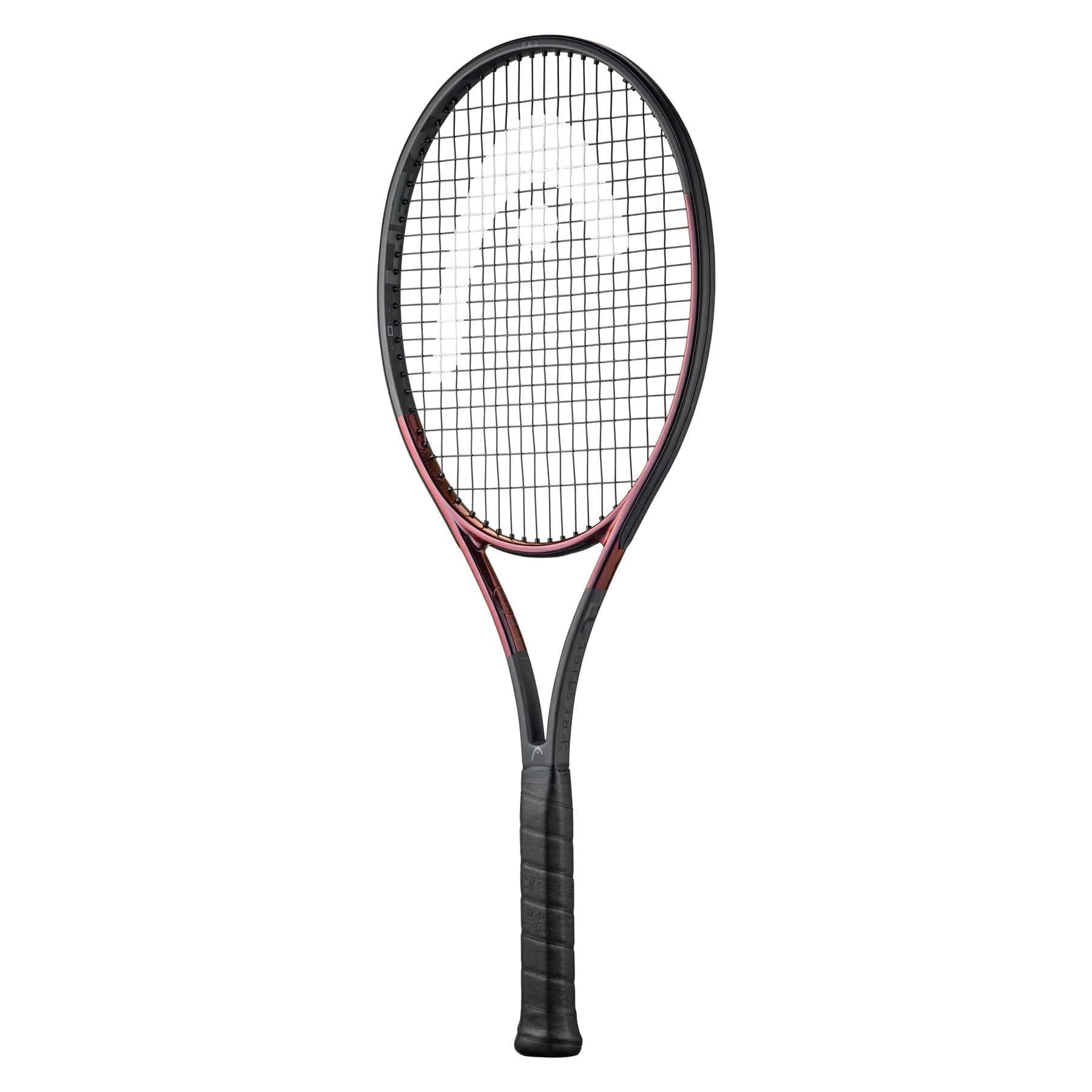 The HEAD Prestige Pro 2023 Tennis Racket - Black (Frame Only) highlights a stylish black and red design, featuring the brand's logo on the string bed and a comfortable black grip handle. Its advanced Auxetic 2.0 technology offers exceptional style and performance against a plain white backdrop.