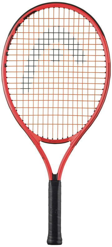 The HEAD Radical Junior 23 2025 Tennis Racket by HEAD features a red frame, black strings, and a black handle, displayed against a white background.