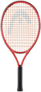 The HEAD Radical Junior 23 2025 Tennis Racket - Orange features a striking design with a red frame, black handle, and vibrant orange strings forming a logo pattern. Captured on a white background, it also includes the Damp+ insert for enhanced shock absorption.