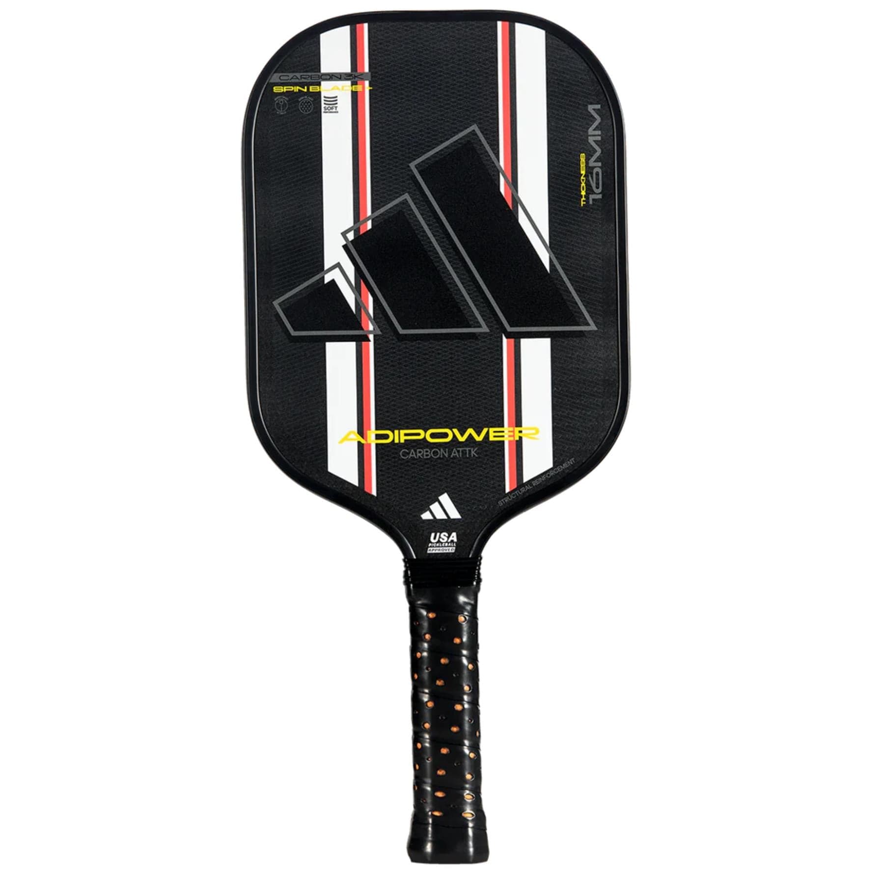 The adidas Adipower Carbon ATTK 3.3 Pickleball Paddle in black/white features white and red stripes, a large Adidas logo, a textured grip handle with orange specks, and is designed for advanced-level play.
