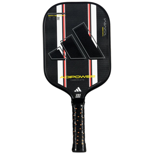 The adidas Adipower Carbon ATTK 3.3 Pickleball Paddle in black/white features white and red stripes, a large Adidas logo, a textured grip handle with orange specks, and is designed for advanced-level play.