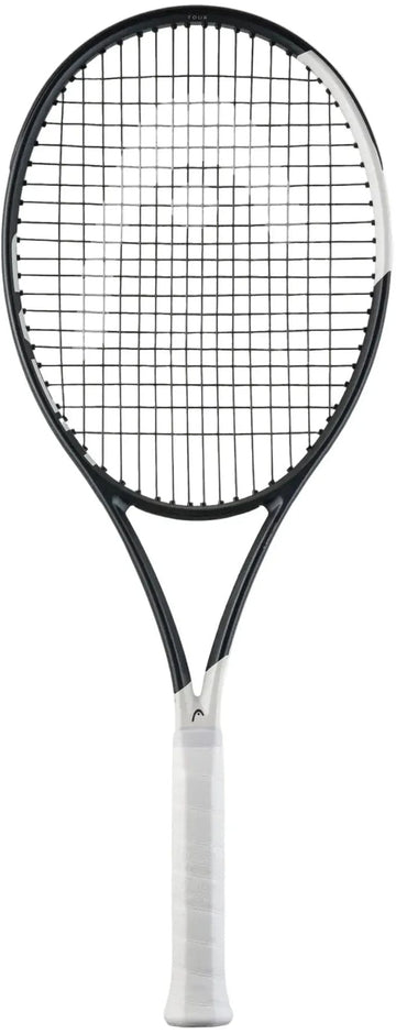 The HEAD Speed Tour 2026 Tennis Racket by HEAD is shown with a black and white frame, white grip, tightly strung black strings, and advanced Hy-Bor technology, set against a plain white background.