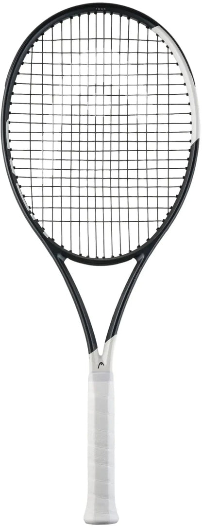 The HEAD Speed Tour 2026 Tennis Racket by HEAD is shown with a black and white frame, white grip, tightly strung black strings, and advanced Hy-Bor technology, set against a plain white background.