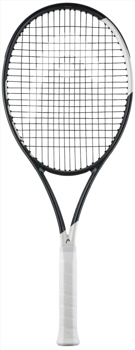 A HEAD Speed Tour 2026 Tennis Racket - Black / White by HEAD, featuring a 97in² head size and white grip, is photographed against a plain white background.