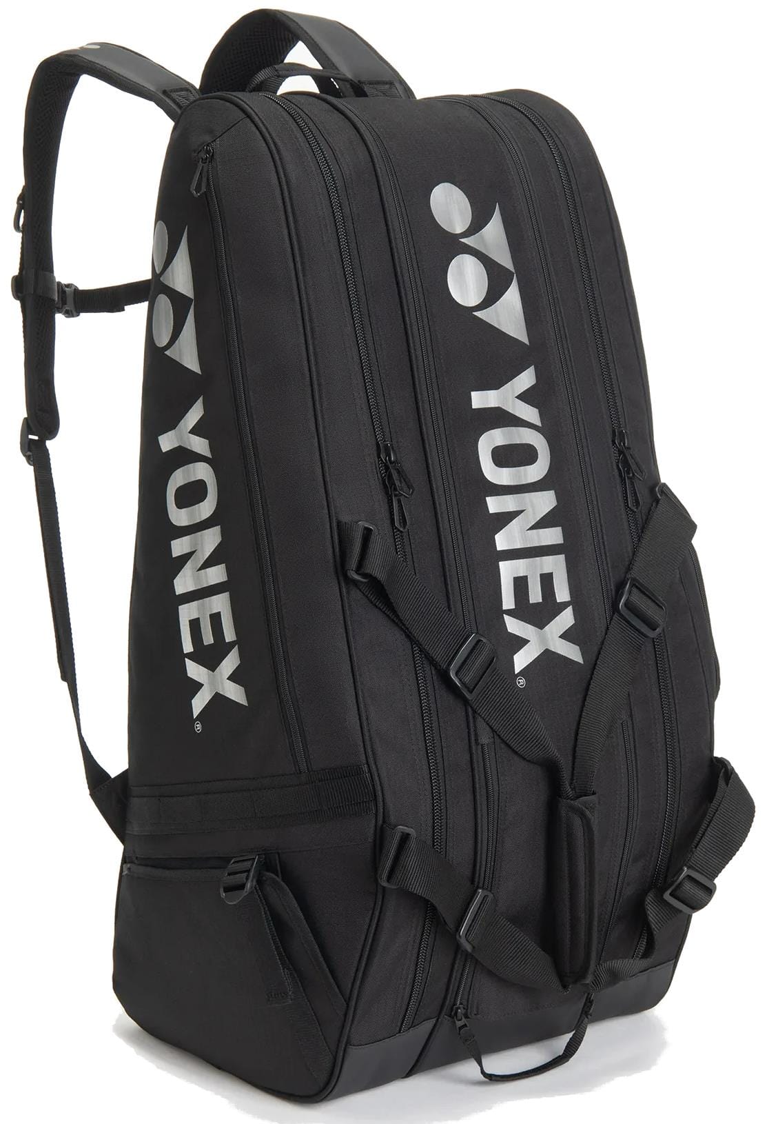 The Yonex BA72629EX Gearlogic 9 Racket Tennis Bag in black features multiple zippered compartments, adjustable shoulder straps, and the white Yonex logo—perfect for serious players seeking ample space for up to 9 rackets.