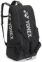 The Yonex BA72629EX Gearlogic 9 Racket Tennis Bag in black features multiple zippered compartments, adjustable shoulder straps, and the white Yonex logo—perfect for serious players seeking ample space for up to 9 rackets.