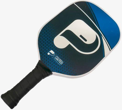 The Pickleball United Freedom Pickleball Paddle in black and blue features a black grip, large white “P” logo, geometric design, Polypropylene Honeycomb Core, and durable fiberglass hitting surface.