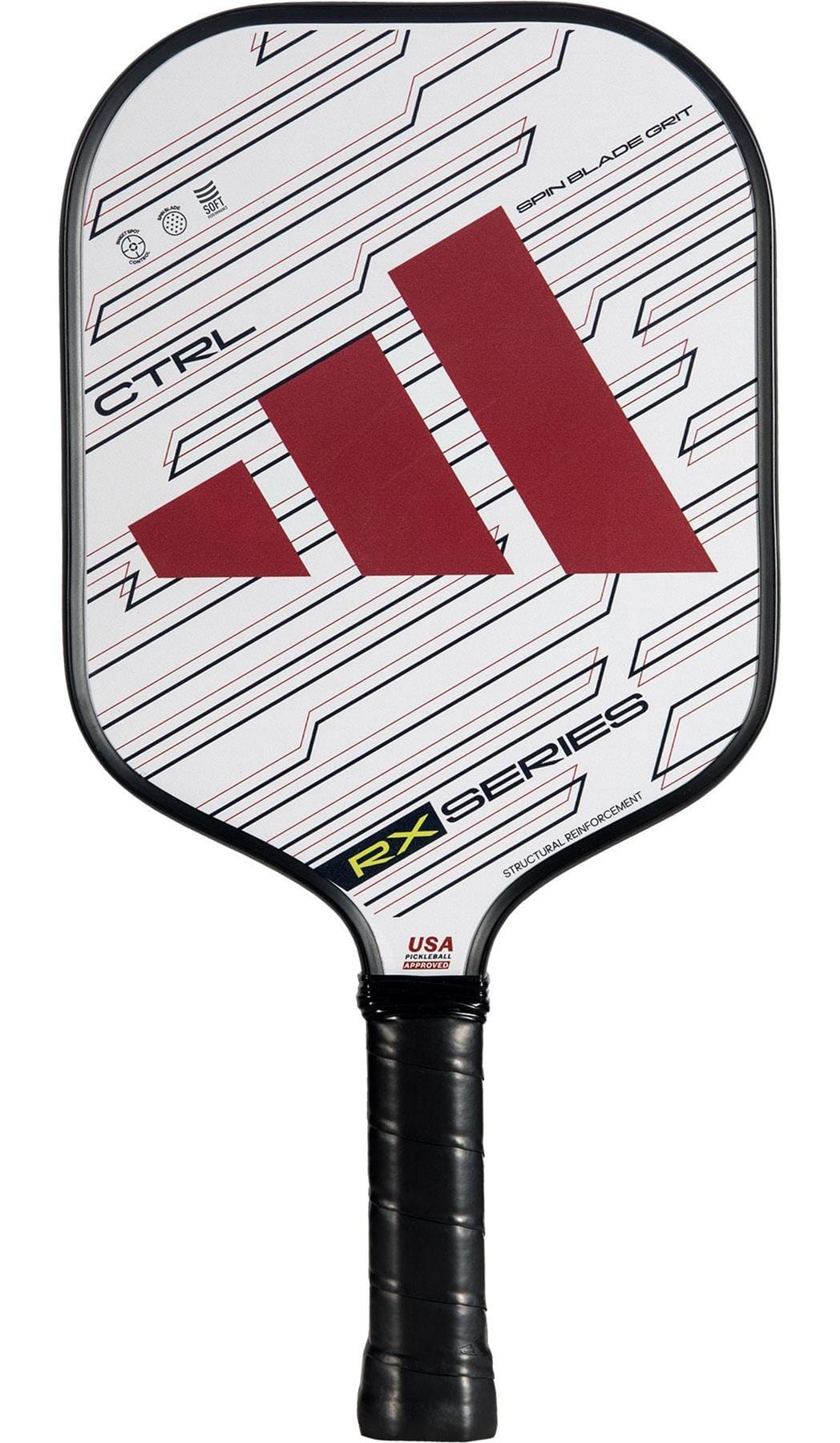 The adidas RX CTRL 3.3 Pickleball Paddle - White features a black handle, white face with red diagonal lines, a large red adidas logo, black geometric accents, and an HD Polypropylene Honeycomb Core for control and durability.