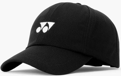 The Yonex 40125EX Tennis Cap in black features a white geometric logo, curved brim, subtle mesh texture, and an adjustable fit for breathable comfort on or off the court.