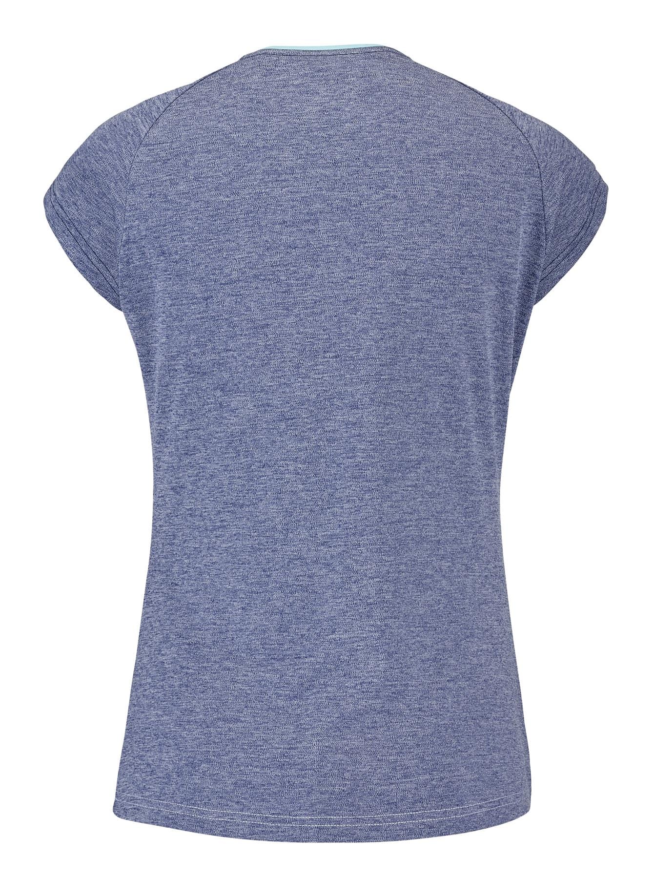 View of the back of a cap-sleeve T-shirt in blue heather and white, produced by Babolat. This top is made from recycled polyester with a round neck and minimalist design, featuring lightweight Fiber Dry Fabric that is ideal for casual outings.