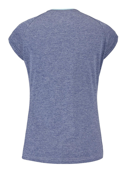 View of the back of a cap-sleeve T-shirt in blue heather and white, produced by Babolat. This top is made from recycled polyester with a round neck and minimalist design, featuring lightweight Fiber Dry Fabric that is ideal for casual outings.