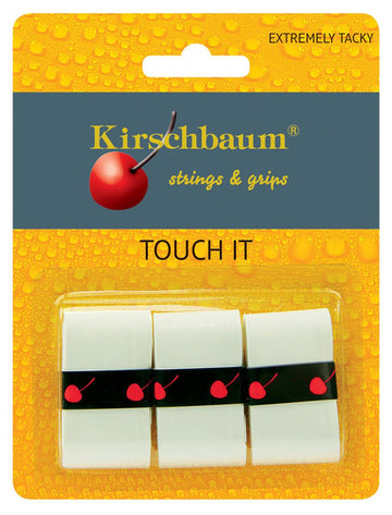 The Kirschbaum Touch It Tennis Overgrip 3 Pack - White features "extremely tacky" overgrips that emphasize durability and absorption. The packaging includes three white grips, each with a black band featuring red cherry icons, set against a yellow background with a water-droplet texture.