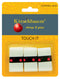 The Kirschbaum Touch It Tennis Overgrip 3 Pack - White features "extremely tacky" overgrips that emphasize durability and absorption. The packaging includes three white grips, each with a black band featuring red cherry icons, set against a yellow background with a water-droplet texture.