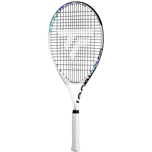 The Tecnifibre Tempo 25 Junior Tennis Racket is a stylish white racket ideal for young players, featuring black strings and grip. Its frame boasts an elegant logo and design that ensures flair on the court.