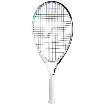 The Tecnifibre Tempo 23 Junior Tennis Racket is ideal for young players, boasting a large head and an eye-catching white design. With strings forming a geometric pattern and blue and green accents on the frame, it is complemented by a handle wrapped in white grip tape.