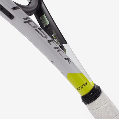 Close-up of the Prince Ripstick 100 300g tennis racket, showcasing a sleek design with black, red, and yellow accents. The frame prominently displays "TeXtreme" and "300g," indicating enhanced power. Strings and part of the frame are elegantly set against a white background.