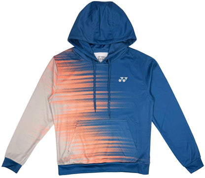 The Yonex YHD2025 Unisex Tennis Hoodie - Sunset in blue features a front pocket, drawstrings, a pink-to-white gradient dot pattern on the left sleeve and side, Poly-Tech Knit fabric for comfort, and a small white logo on the upper left chest.