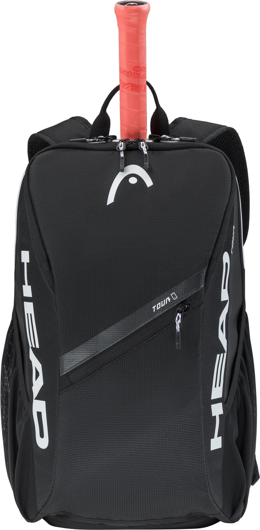 The HEAD Tour 25L Tennis Backpack in black by HEAD features white branding, a front zip pocket, and a tennis racket with a red grip partially stored in its dedicated compartment.