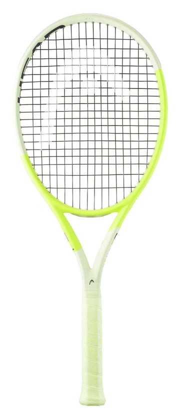 The HEAD Extreme MP L 2024 Tennis Racket, with its eye-catching green design and black string pattern, is engineered to enhance spin potential. Complementing its vibrant look, the racket’s handle is wrapped in a crisp white grip that combines style with modern simplicity.