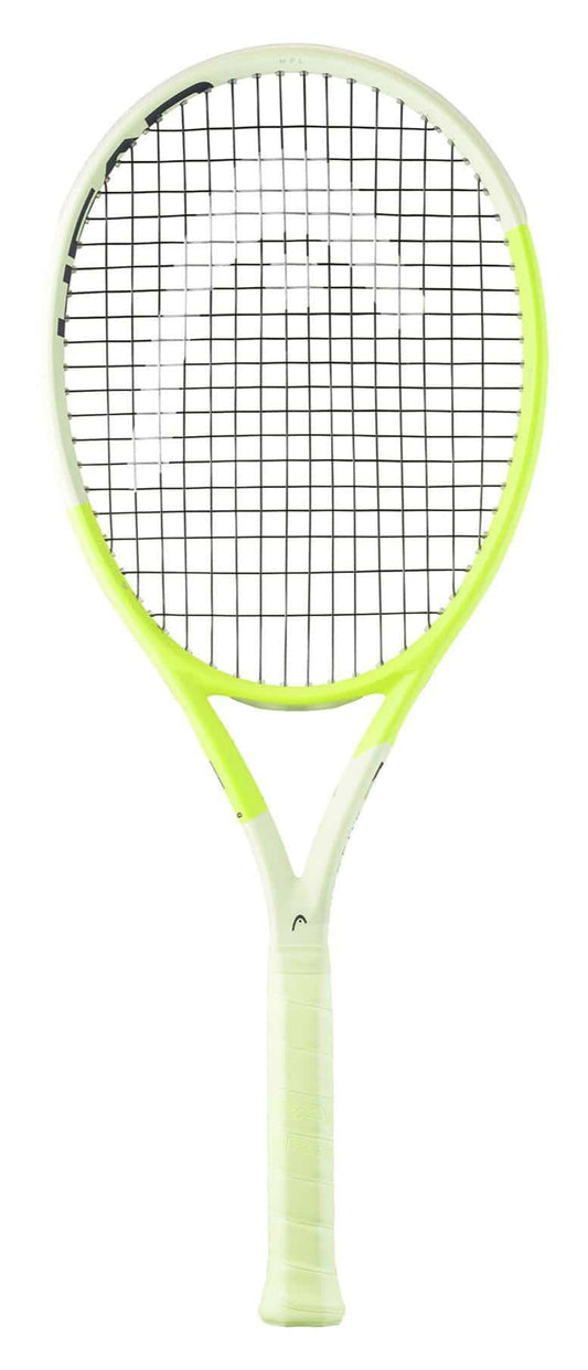 The HEAD Extreme MP L 2024 Tennis Racket, with its eye-catching green design and black string pattern, is engineered to enhance spin potential. Complementing its vibrant look, the racket’s handle is wrapped in a crisp white grip that combines style with modern simplicity.