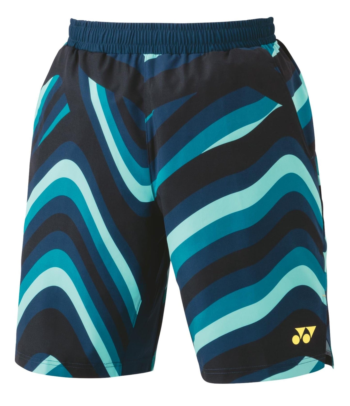 The Yonex 15162EX Mens Tennis Shorts in Indigo Marine feature a striking pattern of wavy blue and green stripes set against a dark background. Equipped with VeryCool technology for UV reduction and sporting a subtle yellow logo on the left leg, these shorts are expertly designed to keep you cool on the court while offering both style and functionality.