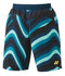 The Yonex 15162EX Mens Tennis Shorts in Indigo Marine feature a striking pattern of wavy blue and green stripes set against a dark background. Equipped with VeryCool technology for UV reduction and sporting a subtle yellow logo on the left leg, these shorts are expertly designed to keep you cool on the court while offering both style and functionality.