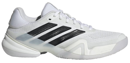 The ADIDAS Barricade 14 Men's Tennis Shoes by adidas feature a white mesh upper, black side stripes, white laces, and a thick white sole—ideal for the tennis court.