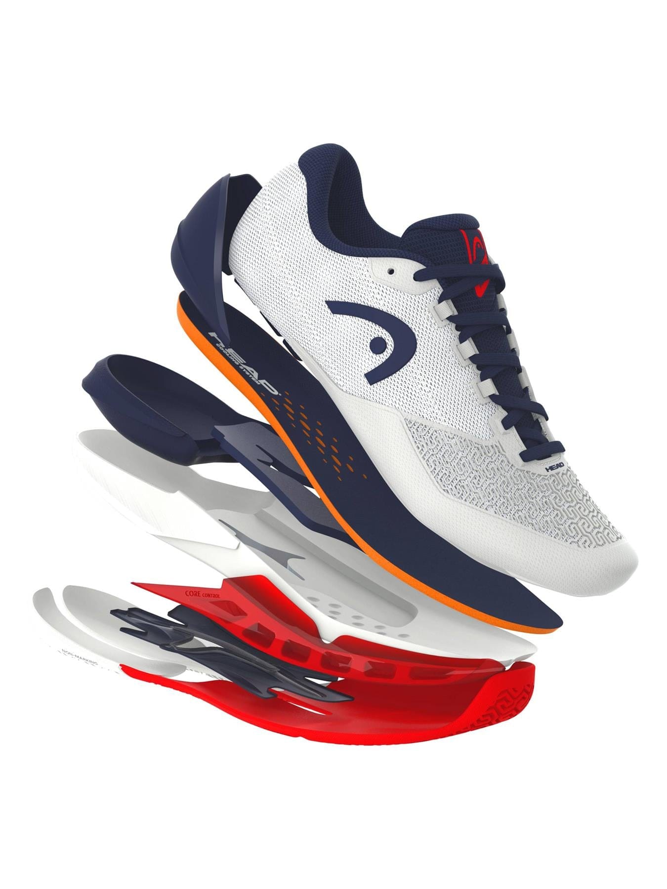 The HEAD Revolt Pro 5.0 Men's Tennis Shoe in White/Navy is displayed with its sole split into layers, highlighting the shoe’s advanced inner structure and durability technology from HEAD.