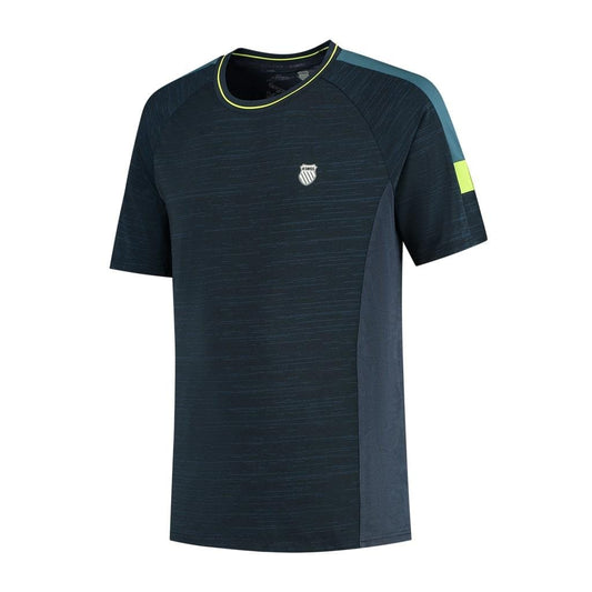 The K-Swiss Hypercourt Melange 2 Men's Tennis T-Shirt in Peacoat is a superior athletic garment featuring short sleeves and constructed from high-performance breathable polyester. It boasts a small emblem on the chest, green accents on the collar, and a gradient blue and lime stripe on the shoulder—ideal for any K-Swiss Hypercourt fan.