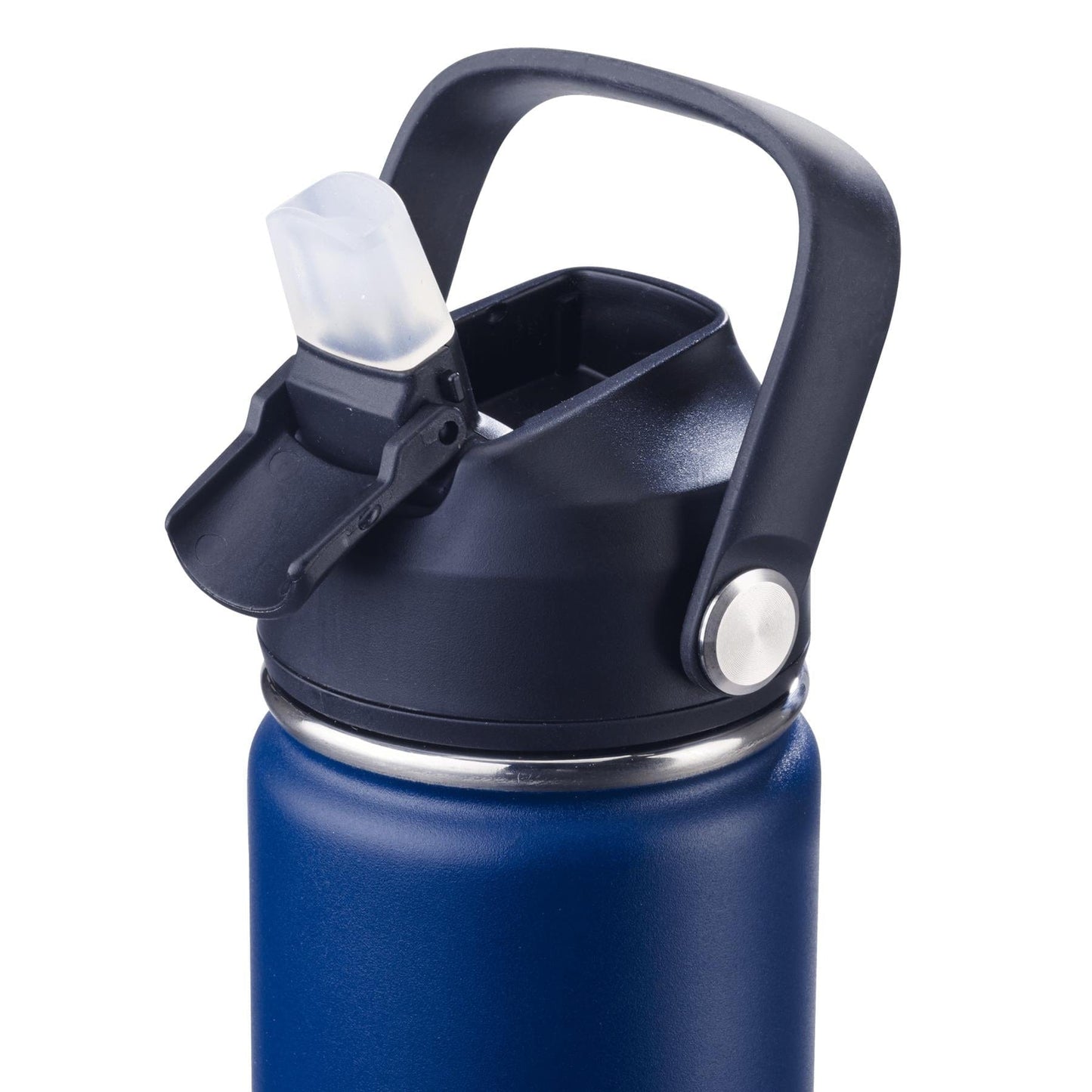 A close-up of the Babolat Isothermal 750ml Water Bottle - Blue by Babolat, featuring a black flip-top lid, transparent silicone spout, sturdy carrying handle, and isothermal protection to keep drinks cool.