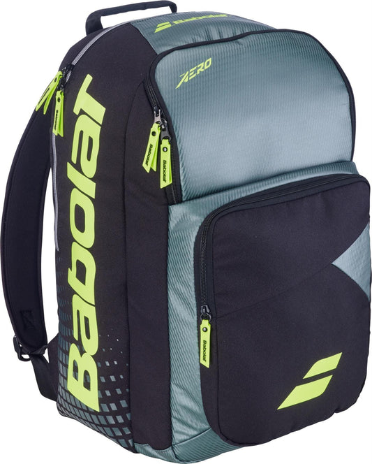 The Babolat Pure Aero 2026 Tennis Backpack by Babolat, in Grey / Yellow, features multiple compartments including dedicated racket storage and padded shoulder straps for comfort on the court.