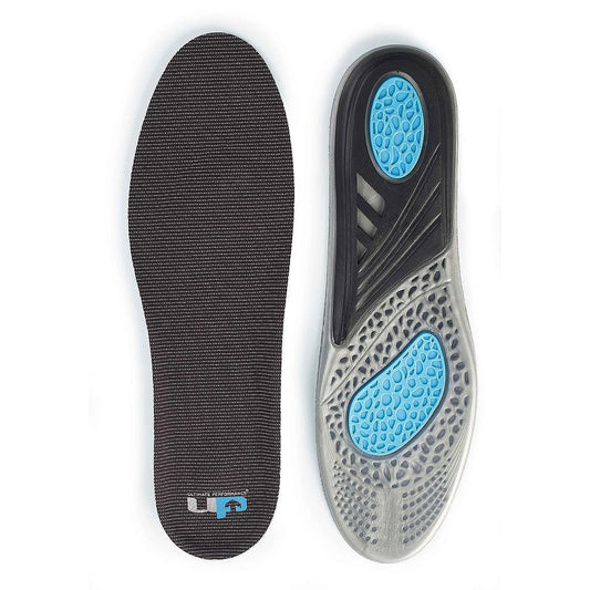 The Ultimate Performance Gel Insole by Ultimate Performance features a black top surface with blue cushioning and textured gray underneath, offering slip-resistant comfort and exceptional support.