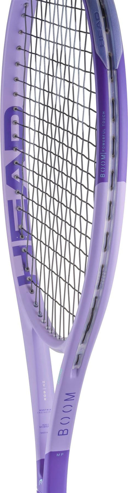 Close-up of a purple and lavender HEAD Boom MP Alternate 2026 Tennis Racket with black strings and "HEAD" branding, recognized for its explosive power on the court.