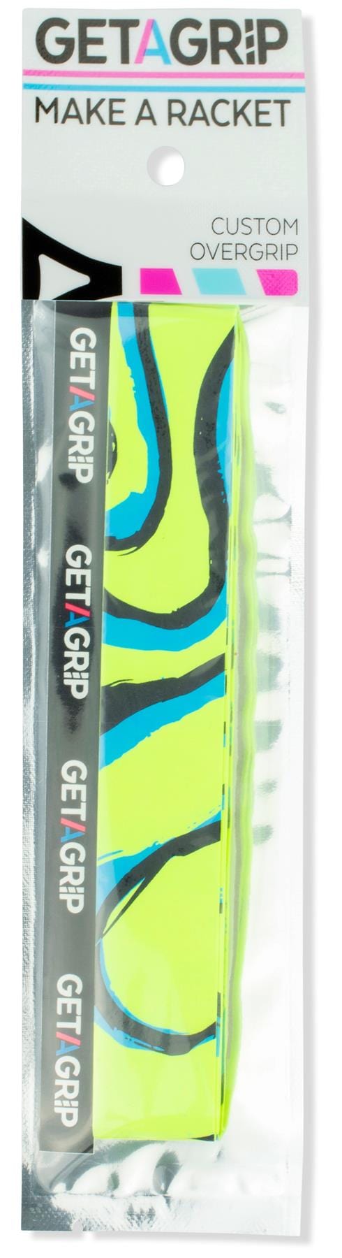 The Get a Grip Tennis Overgrip - The Flow features a vibrant yellow and blue abstract design. Its packaging displays "Get A Grip" and the slogan "MAKE A RACKET"—a great gift for any tennis player.