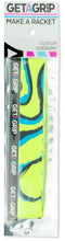 The Get a Grip Tennis Overgrip - The Flow features a vibrant yellow and blue abstract design. Its packaging displays "Get A Grip" and the slogan "MAKE A RACKET"—a great gift for any tennis player.