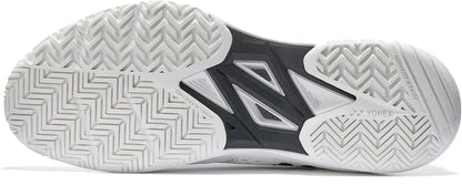 Close-up of the Yonex Power Cushion Sonicage Wide Unisex Tennis Shoes - White, showing a black and white zigzag sole with “Power Cushion” and “Round Sole” visible—ideal for players needing durable grip on the court.