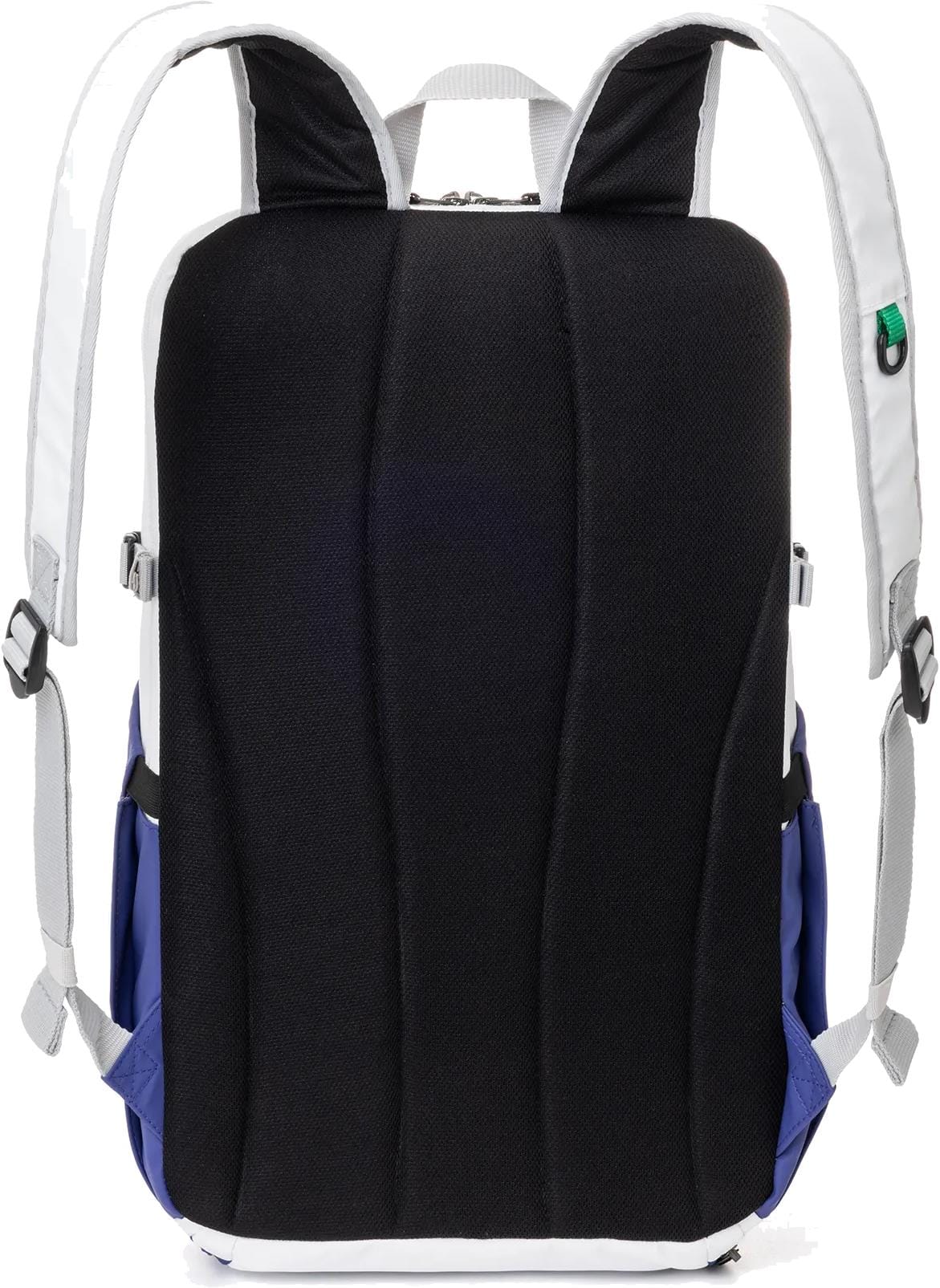 The Yonex BA52512EX Club Tennis Backpack in White/Blue features black padded shoulder straps, a cushioned back panel, white and gray details, and blue side pockets—a durable Yonex bag designed for comfort and style.