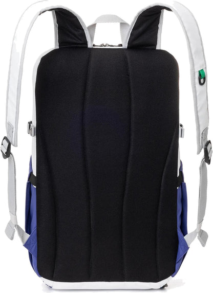 The Yonex BA52512EX Club Tennis Backpack in White/Blue features black padded shoulder straps, a cushioned back panel, white and gray details, and blue side pockets—a durable Yonex bag designed for comfort and style.