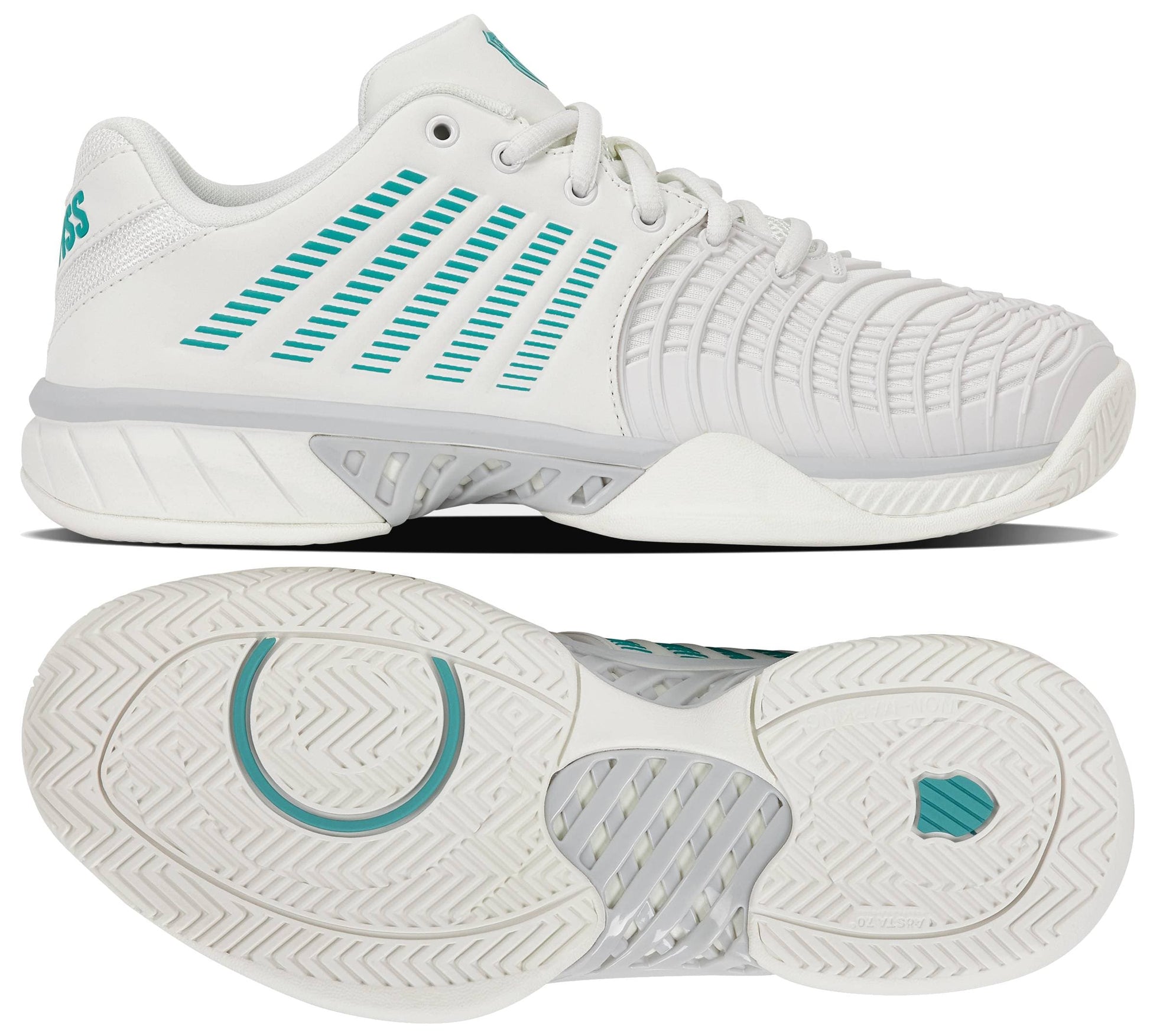 The K-Swiss Express Light 3 Women's Tennis Shoes in White/Baltic/Glacier Gray are shown from the side and bottom, highlighting their textured sole and teal-striped upper with a ribbed design near the toe. Featuring advanced DuraWrap Flex technology, these K-Swiss shoes deliver lasting durability on the court.