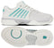 The K-Swiss Express Light 3 Women's Tennis Shoes in White/Baltic/Glacier Gray are shown from the side and bottom, highlighting their textured sole and teal-striped upper with a ribbed design near the toe. Featuring advanced DuraWrap Flex technology, these K-Swiss shoes deliver lasting durability on the court.
