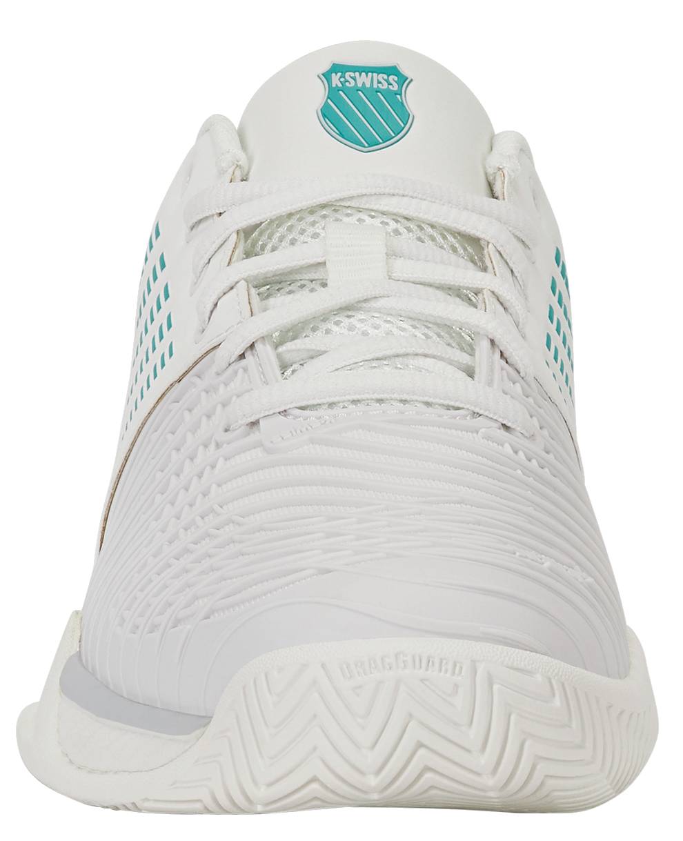 Front view of the K-Swiss Express Light 3 Women's Tennis Shoes in White / Baltic / Glacier Gray, showcasing textured detailing, DuraWrap Flex technology, and the K-Swiss logo on the tongue.