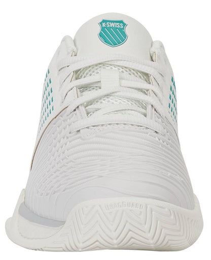 Front view of the K-Swiss Express Light 3 Women's Tennis Shoes in White / Baltic / Glacier Gray, showcasing textured detailing, DuraWrap Flex technology, and the K-Swiss logo on the tongue.
