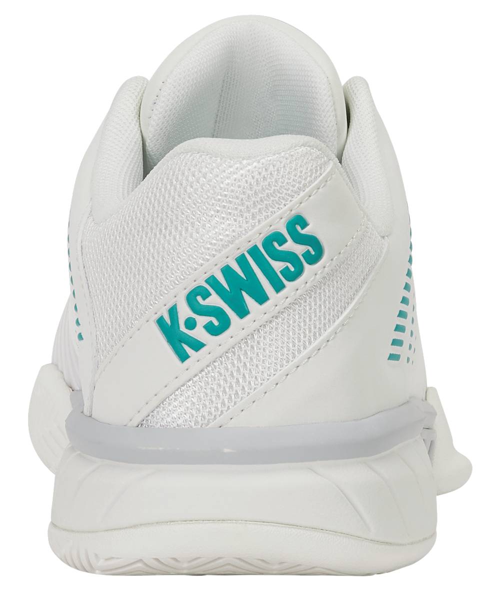 A rear view of the K-Swiss Express Light 3 Women's Tennis Shoes in White/Baltic/Glacier Gray, showcasing teal "K-SWISS" branding on the heel, mesh side panels for breathability, and a cushioned Ortholite insole for comfort.