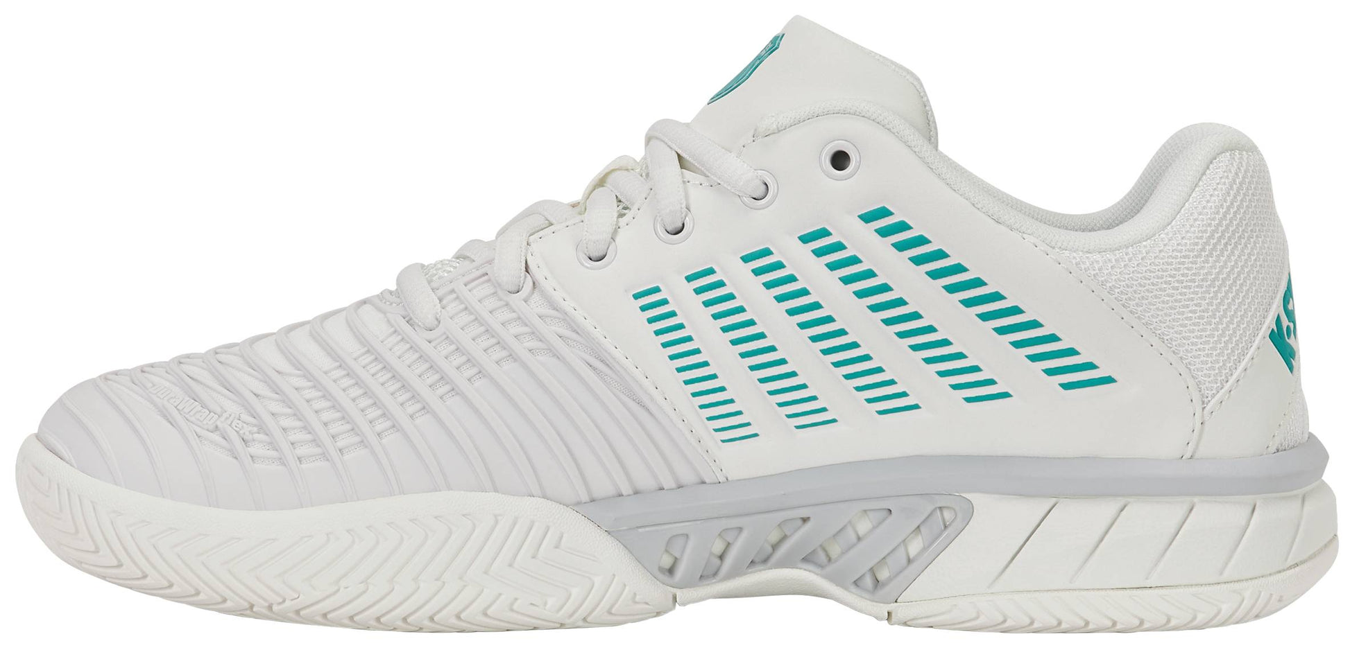 The K-Swiss Express Light 3 Women's Tennis Shoes in White/Baltic/Glacier Gray combine a sleek white design with teal (Baltic) accents and stripes. These shoes feature a textured sole for grip, durable DuraWrap Flex technology, and side ventilation for improved breathability.